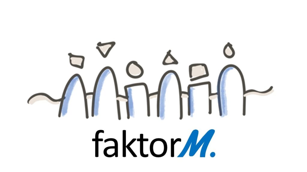 Logo von faktorM. – Mensch im Unternehmen mit gezeichneten Figuren